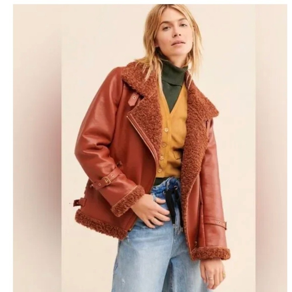 Hutch‎ Faux Leather Sherpa Jacket Womens XS Cognac Brown New Moto Aviator Biker